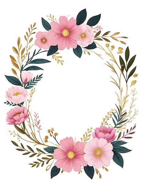 PSD psd couronne florale rose avec cadre circulaire et feuilles ornement fleur arrière-plan cadre floral