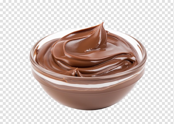 PSD psd creme de avelã de chocolate em tigela de vidro isolada sobre fundo transparente