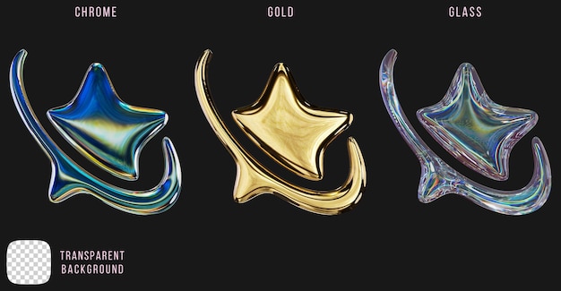 Psd cromo metallo e oro e vetro a dispersione y2k forme astratte di stelle rendering 3d