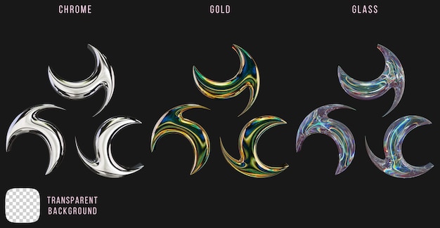 Psd cromo metallo e oro e vetro a dispersione y2k forme astratte rendering 3d