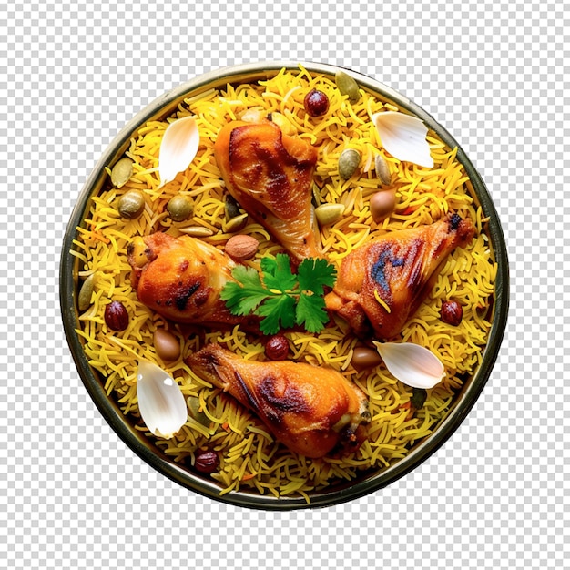 PSD psd un cuenco de biryani con pedazos de pollo vista superior aislado en un fondo transparente