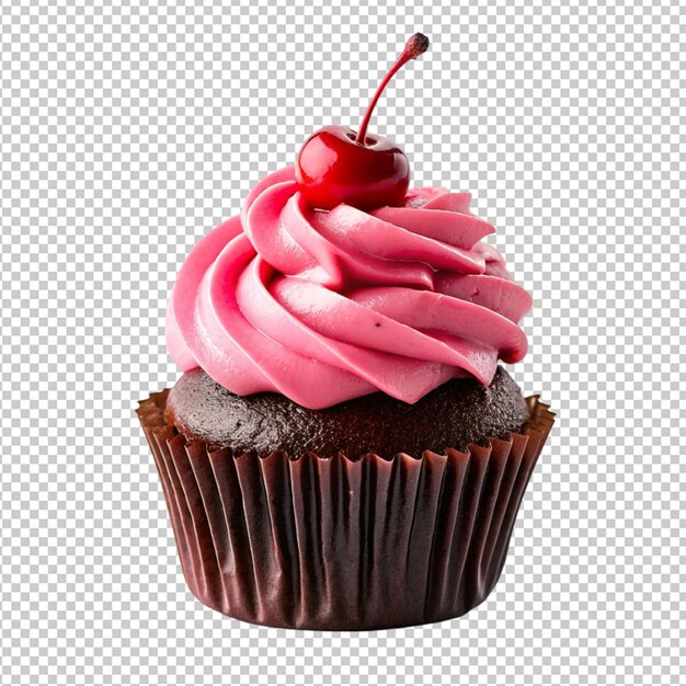 PSD psd d'un cupcake au chocolat avec glaçage rose et cerise sur fond transparent