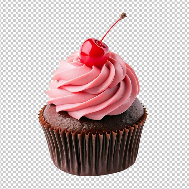 Psd D'un Cupcake Au Chocolat Avec Glaçage Rose Et Cerise Sur Fond Transparent