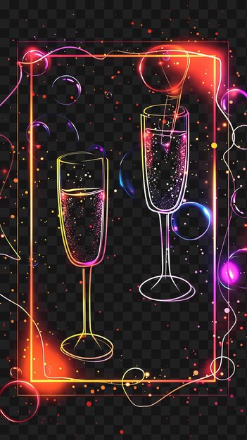 PSD psd curly lines light neon frame com óculos de champanhe e bubb outline collage art transparente
