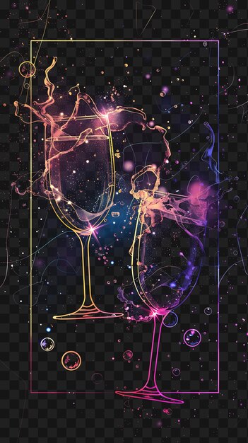 PSD psd curly lines light neon frame com óculos de champanhe e bubb outline collage art transparente