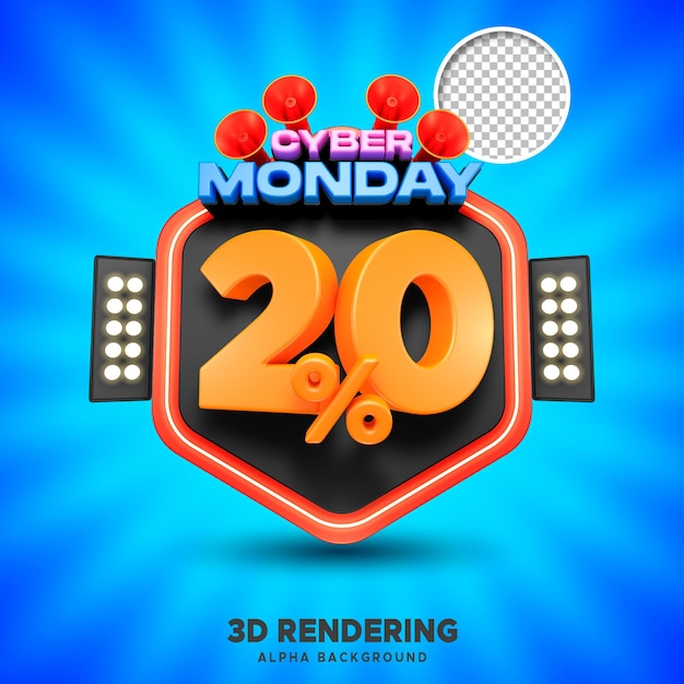 PSD psd cyber monday sale 20 prozent 3d-rendering mit alpha-hintergrund