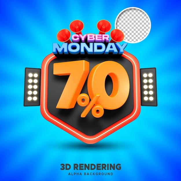 Psd cyber monday sale 70 prozent 3d-rendering mit alpha-hintergrund