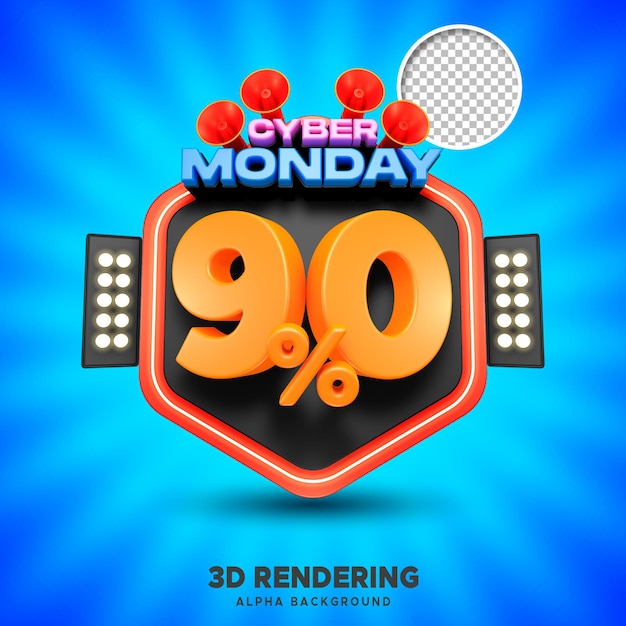 PSD psd cyber monday sale 90 por cento renderização 3d com fundo alfa