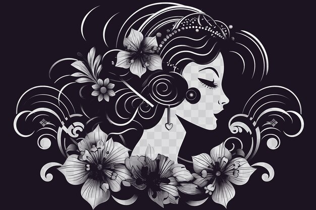 Psd de art deco do ano novo lunar flora col negro e branco tatuagem collage esboço png 4096px 6