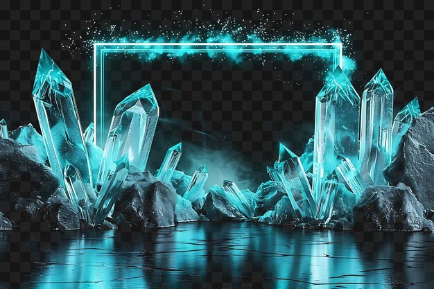 PSD psd de crystal clear lake arcane frame com água cintilante e fl contorno neon colagem estilo de arte