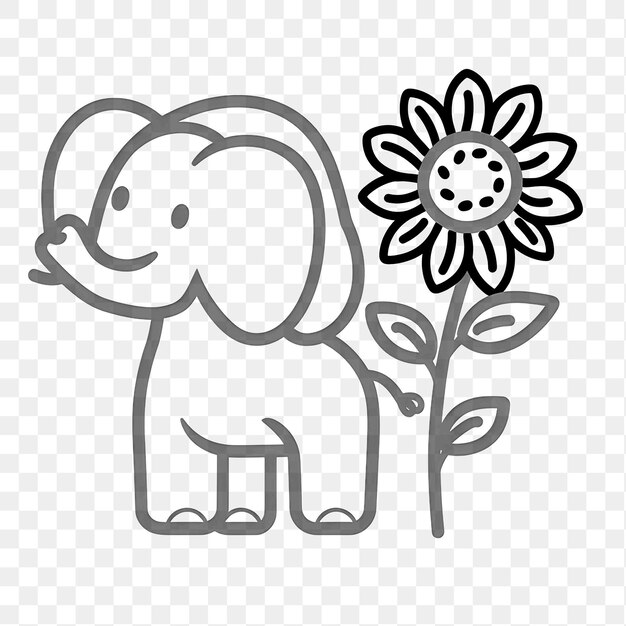 Psd de elefante segurando um girassol com cor de contorno amarelo e r animal outline art design