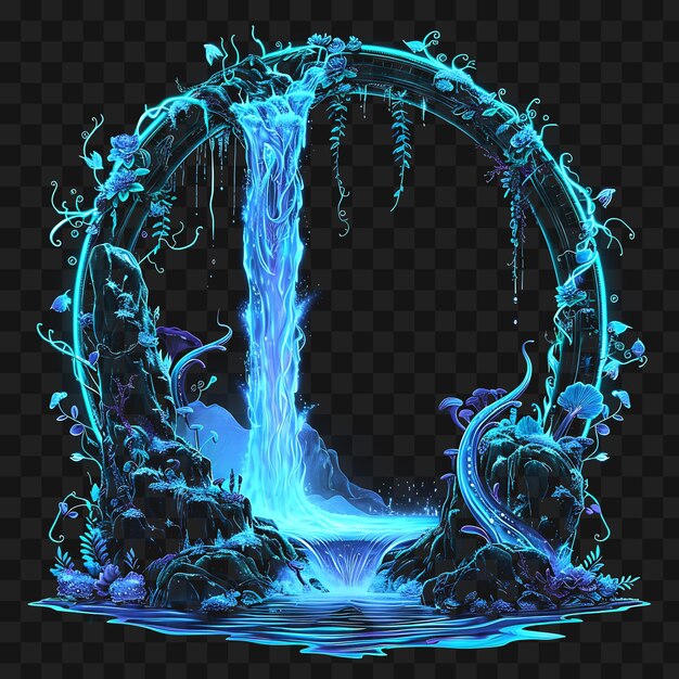 PSD psd de enchanted waterfall arcane frame com água em cascata e gl outline neon collage style art