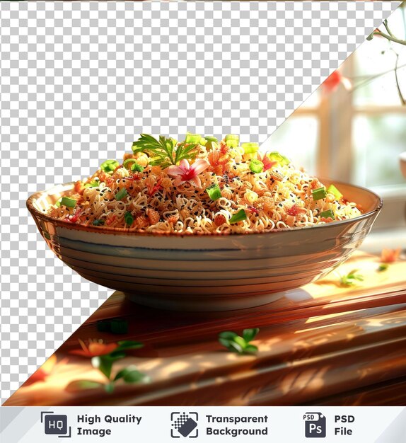 PSD psd de fundo transparente de lo mein em uma tigela em uma mesa de madeira com flores e uma janela