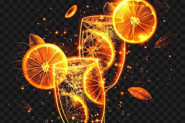 PSD psd de glowing orange sunrise mimosa com cascading orange slices um design de contorno de neon glow y2k