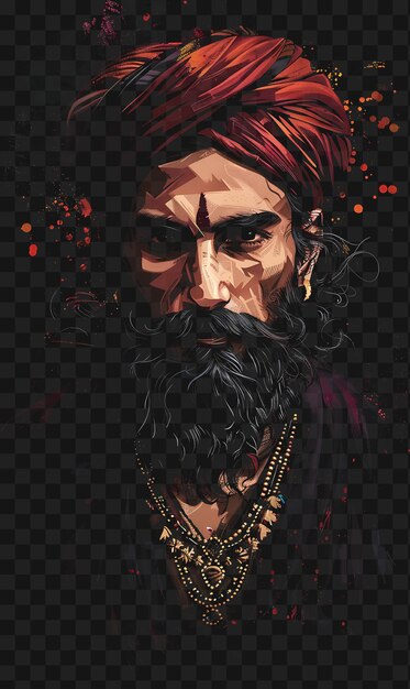 Psd de indian raja man retrato vestindo um turbante e sherwani com t-shirt design collage art ink