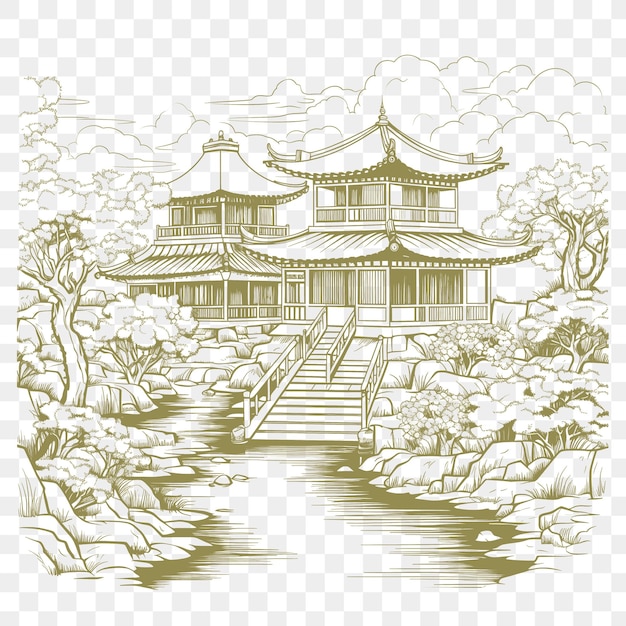 PSD psd de moldura de jardim de chá chinês representando uma tranquila camiseta de chá chinesa tattoo art outline ink