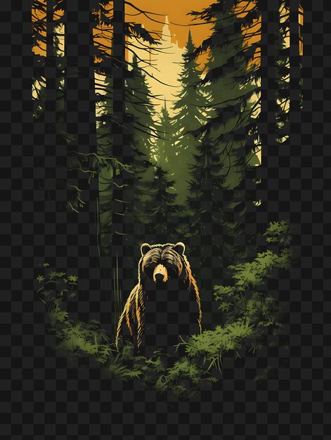 Psd de redwood forest com um black bear ferns deep greens e brown template clipart tattoo design