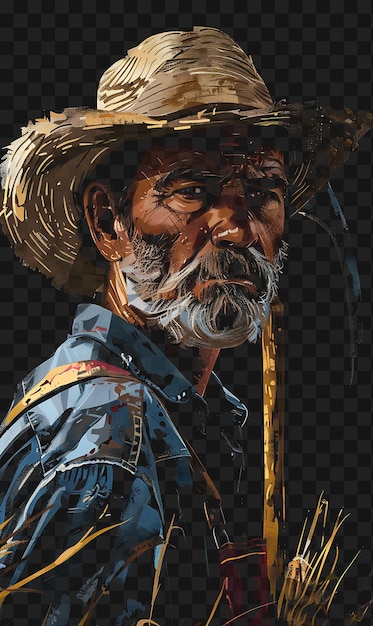 PSD psd de retrato de homem agricultor com chapéu de palha e overalls com uma t-shirt scyth design collage art ink