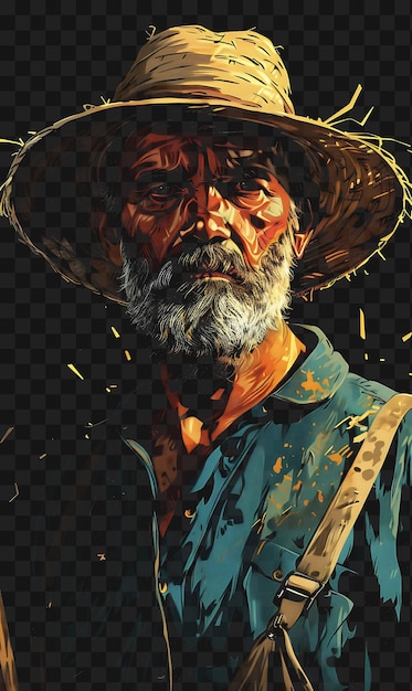 PSD psd de retrato de homem agricultor com chapéu de palha e overalls com uma t-shirt scyth design collage art ink