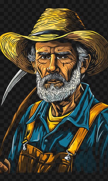 PSD psd de retrato de homem agricultor com chapéu de palha e overalls com uma t-shirt scyth design collage art ink