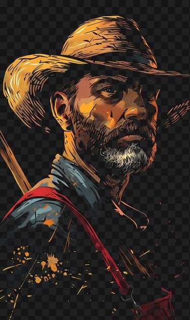 Psd de retrato de homem agricultor com chapéu de palha e overalls com uma t-shirt scyth design collage art ink