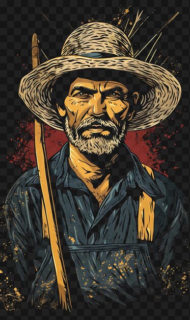 PSD psd de retrato de homem agricultor com chapéu de palha e overalls com uma t-shirt scyth design collage art ink