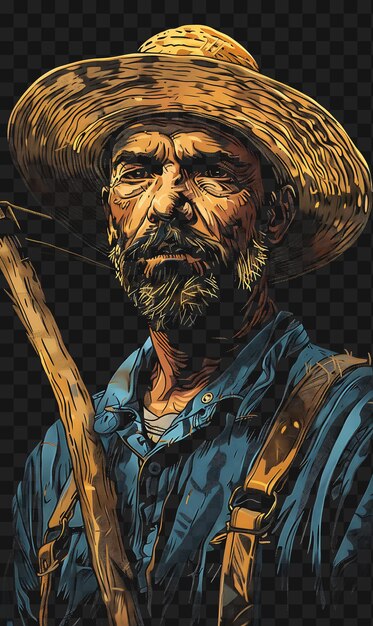 PSD psd de retrato de homem agricultor com chapéu de palha e overalls com uma t-shirt scyth design collage art ink