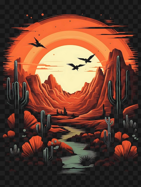 PSD psd de rocky canyon com águias cacti cores quentes do deserto deep terra template clipart desenho de tatuagem