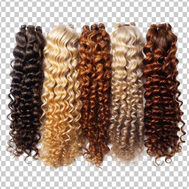 PSD psd de um conjunto de extensões de cabelo encaracolado em diferentes cores em fundo transparente