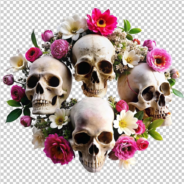 PSD psd de um crânio e flores em fundo transparente