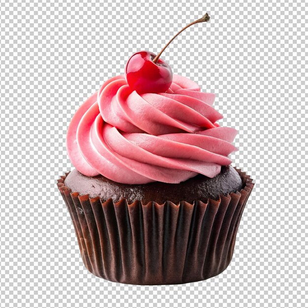 PSD psd de um cupcake de chocolate com cobertura rosa e cereja em fundo transparente