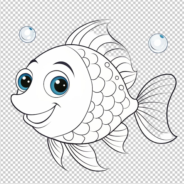 Psd de um esboço de uma página de colorir de peixes bonitos em fundo transparente