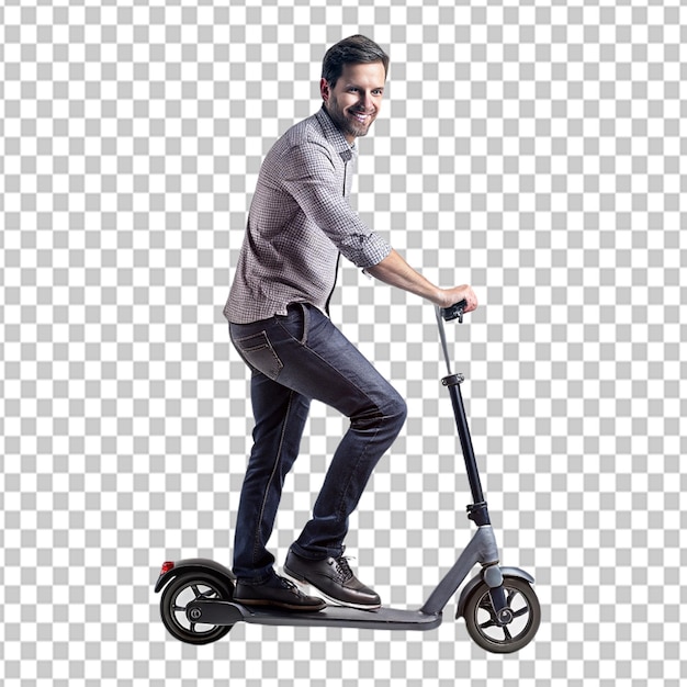 Psd de um homem montando uma scooter em fundo transparente