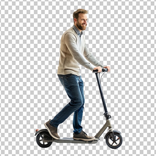 Psd de um homem montando uma scooter em fundo transparente