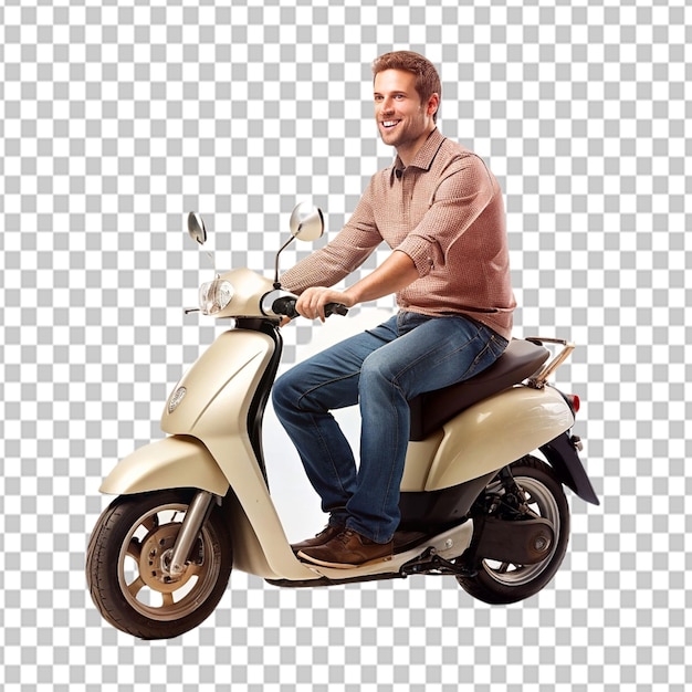 Psd de um homem montando uma scooter em fundo transparente