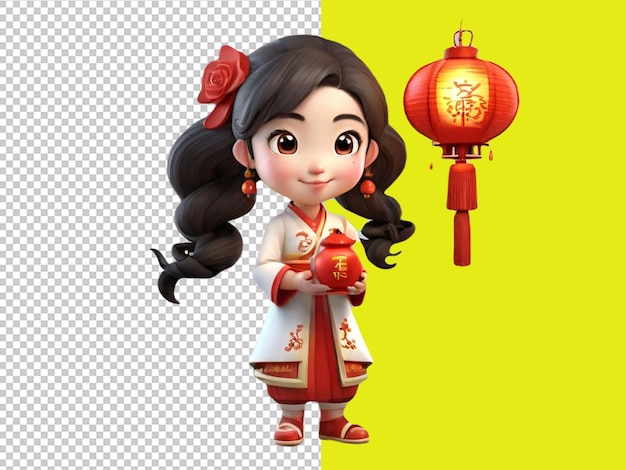 PSD psd de um personagem de desenho animado 3d de menina chinesa segurando lâmpada em fundo transparente