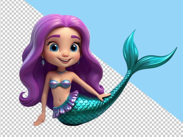 Psd de um personagem de desenho animado 3d de uma linda sereia em fundo transparente