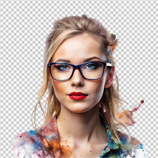 Psd de um retrato artístico de uma mulher com óculos e salpicos de pintura em fundo transparente
