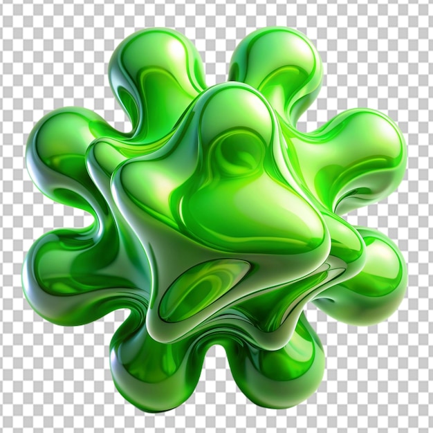 Psd de uma forma abstrata verde 3d de um fluido líquido em fundo transparente