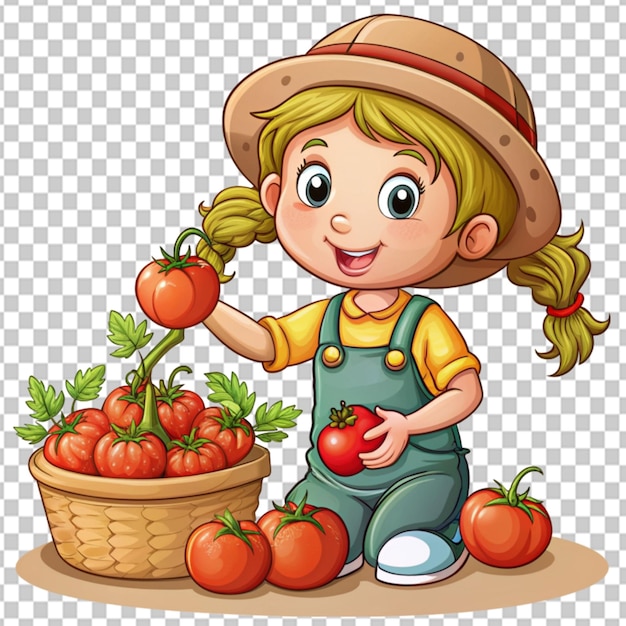 PSD psd de uma garota de desenho animado colhendo tomates em fundo transparente