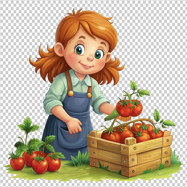 PSD psd de uma garota de desenho animado colhendo tomates em fundo transparente