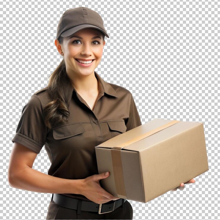 PSD psd de uma mulher de entrega de ups isolada em fundo transparente