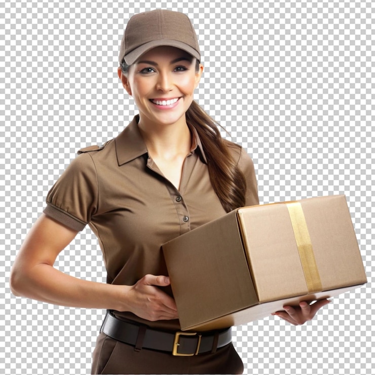 PSD psd de uma mulher de entrega de ups isolada em fundo transparente