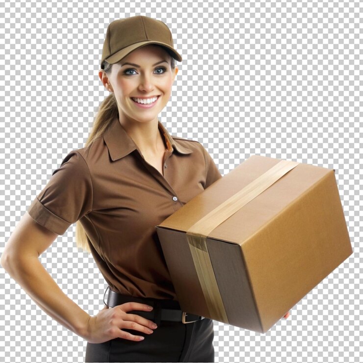 PSD psd de uma mulher de entrega de ups isolada em fundo transparente