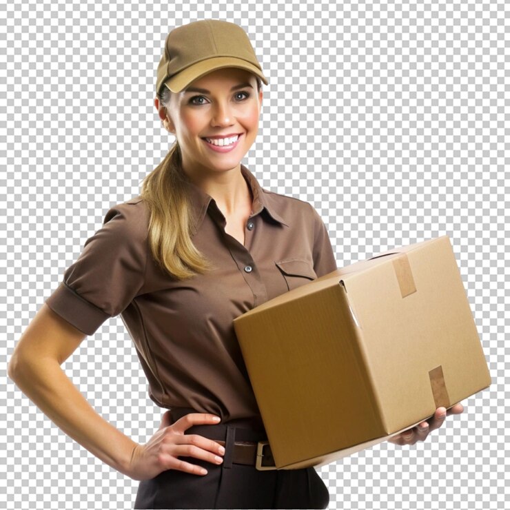 PSD psd de uma mulher de entrega de ups isolada em fundo transparente