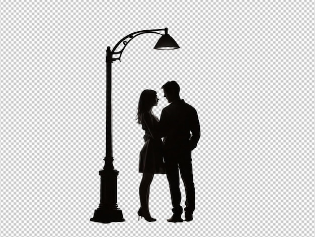 Psd de uma silhueta de um casal de pé sob uma lâmpada de rua em fundo transparente