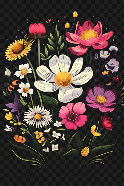 Psd de wildflower meadow com uma abelha rosa brilhante roxo e amarelo template clipart tattoo design