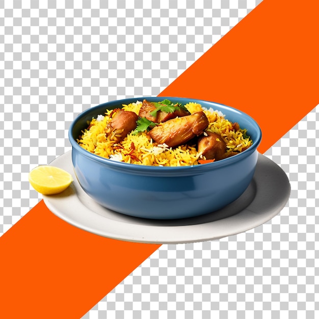 PSD psd délicieux biryani de poulet avec des tranches de légumes dans un bol sur un fond transparent