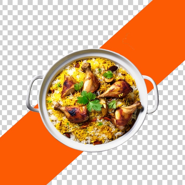 PSD psd délicieux biryani de poulet avec des tranches de légumes dans un bol sur un fond transparent