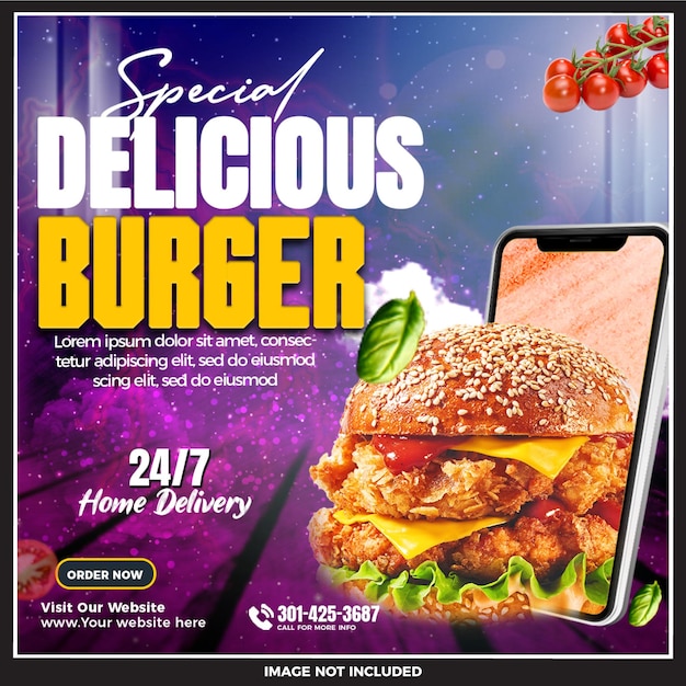 PSD psd délicieux hamburger et menu de nourriture médias sociaux post ou modèle de bannière squre